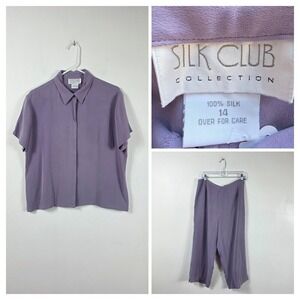 VTG Silk Club Collection 2pc Set Womens 14 Purple 100% Silk Blouse Crop  Pants